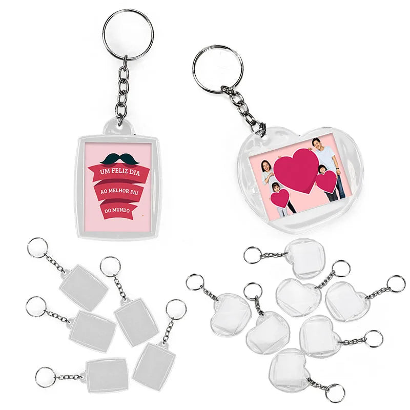 Kit com 100 Chaveiros de Acrílico para Personalização com Foto 3x4 (50 Formato Coração + 50 Formato Retangular)