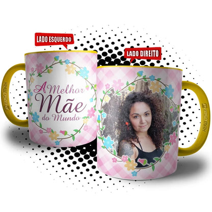 Caneca Personalizada "Melhor Mãe do Mundo" com Foto e Flores – Presente Especial para o Dia das mães