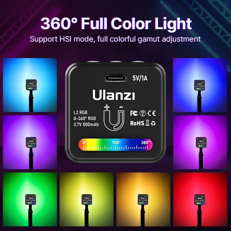 Ulanzi L2 RGB Mini COB Câmera de Vídeo Luz Regulável 360° Luz Colorida Completa com Difusor Fotografia em Favo de Mel para Câmera DSLR