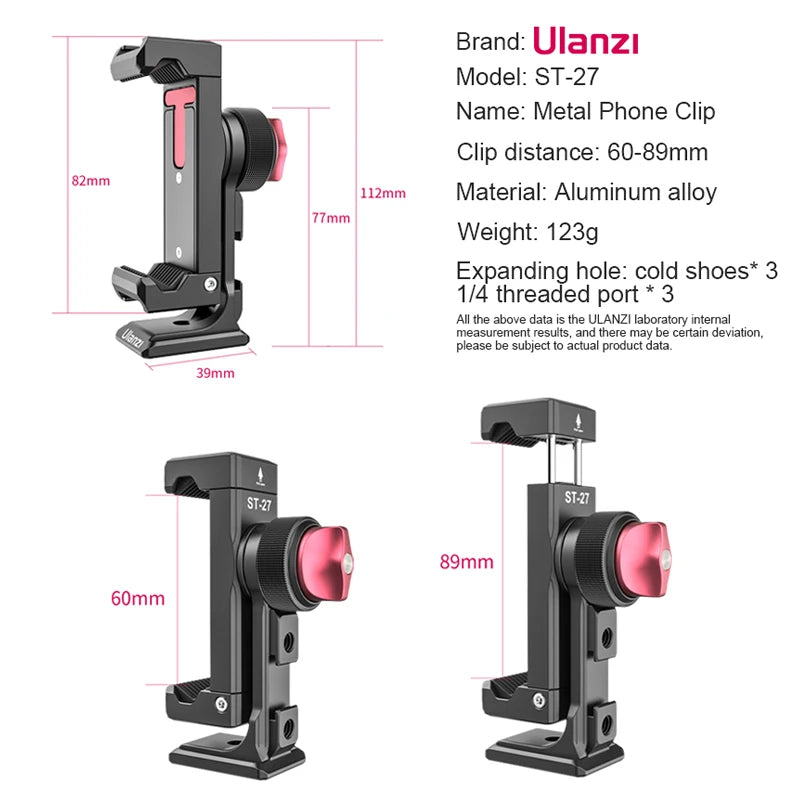 Suporte de Telefone Metálico Ulanzi ST-27 com Sapata Fria, Rotação 360° e Montagem Tipo Arca – Clipe para Tripé Ideal para TikTok, Vlogs e Fotografia