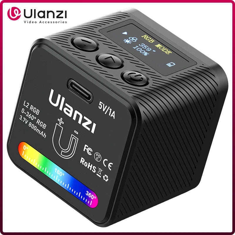 Ulanzi L2 RGB Mini COB Câmera de Vídeo Luz Regulável 360° Luz Colorida Completa com Difusor Fotografia em Favo de Mel para Câmera DSLR