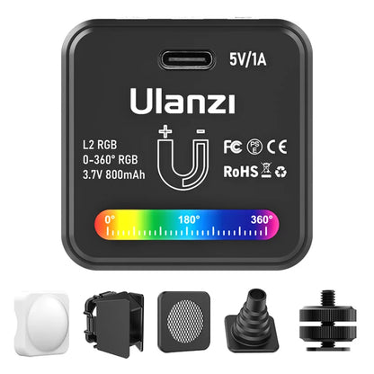 Ulanzi L2 RGB Mini COB Câmera de Vídeo Luz Regulável 360° Luz Colorida Completa com Difusor Fotografia em Favo de Mel para Câmera DSLR